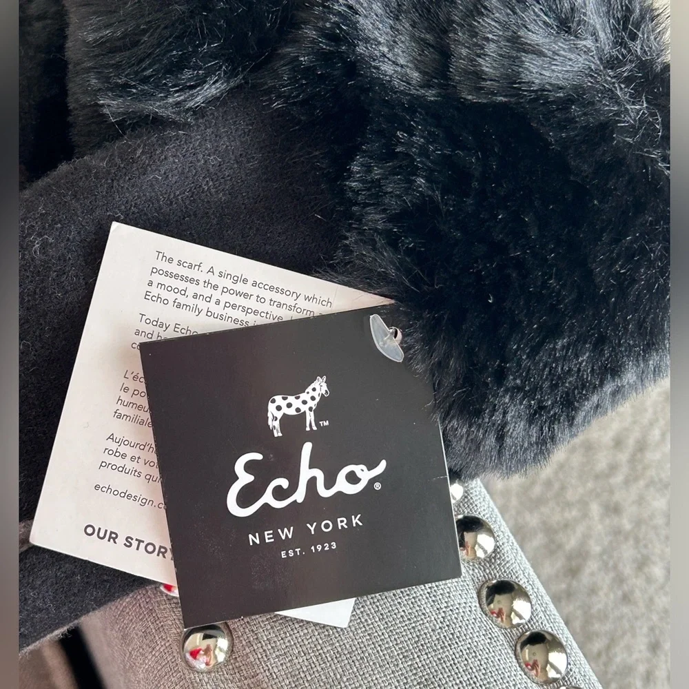 NWT Echo NY Black Gray Faux Fur Wool Cashmere Stretch Text & Touchscreen Gloves